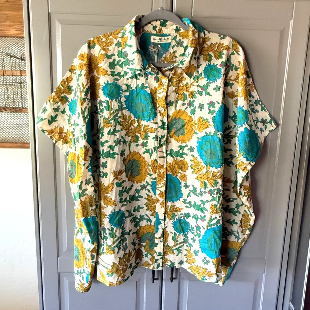 Natural Life Womens Kelly Fall Floral Oversized Cotton Button Down, Yellow, OS